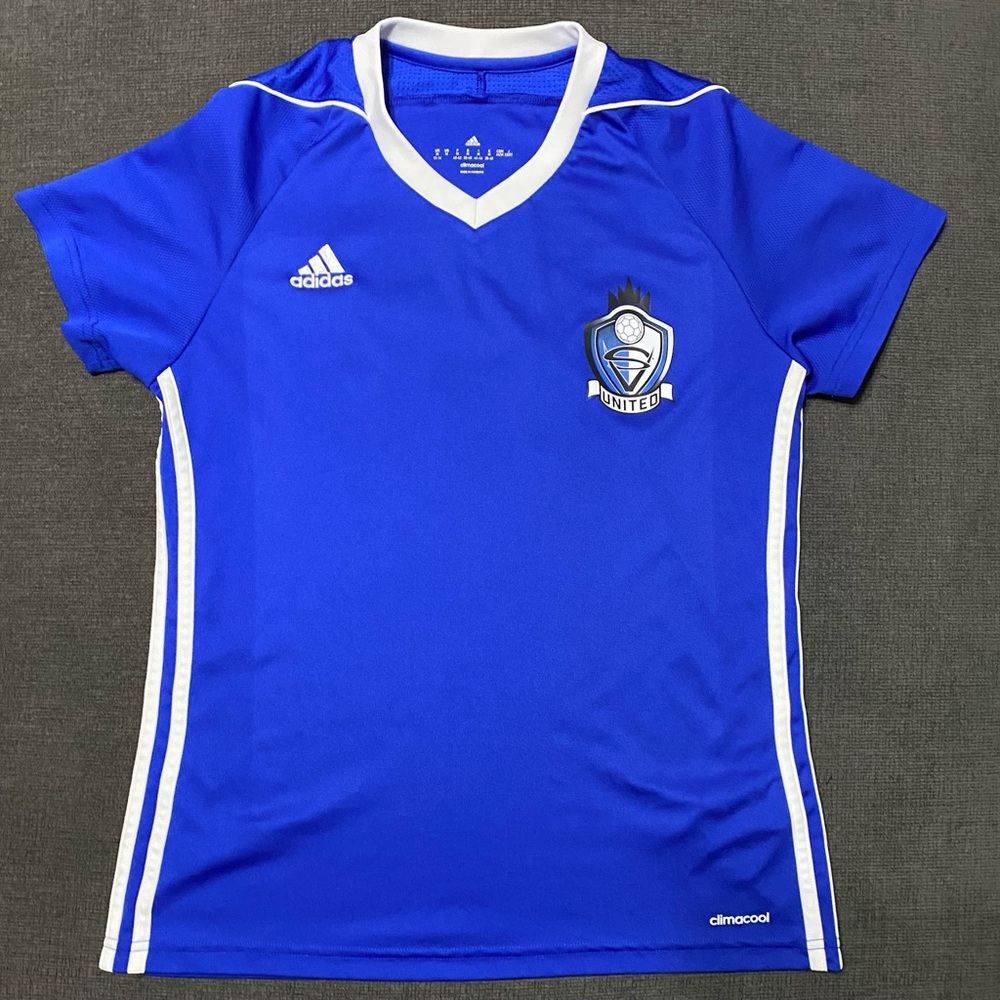 Adidas SV United Blue and White Soccer Jersey with V-Neck and Stripes #14 Sz M